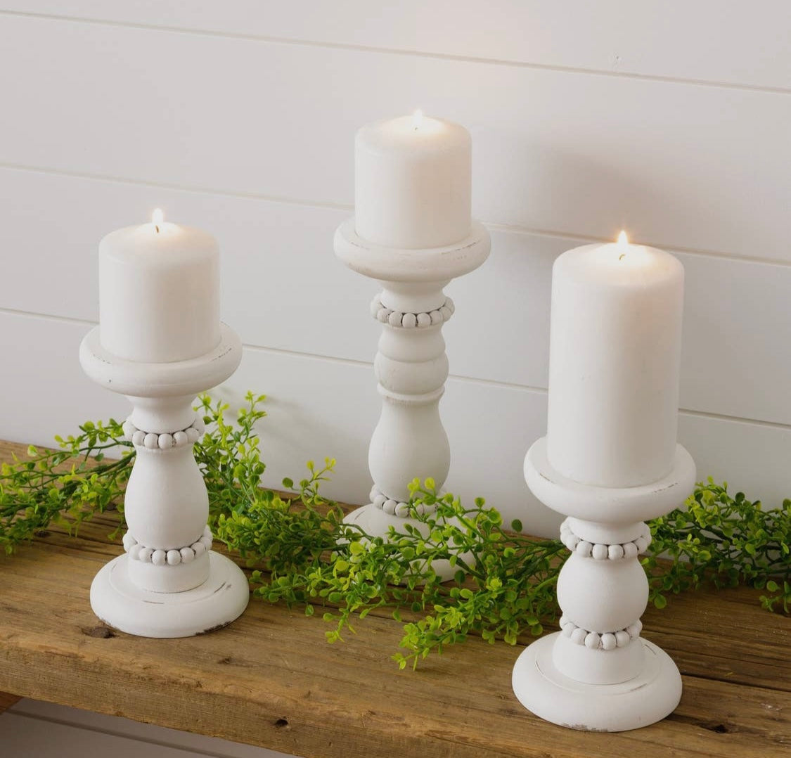 White Beaded Pillar Candle Holders - Set of 3