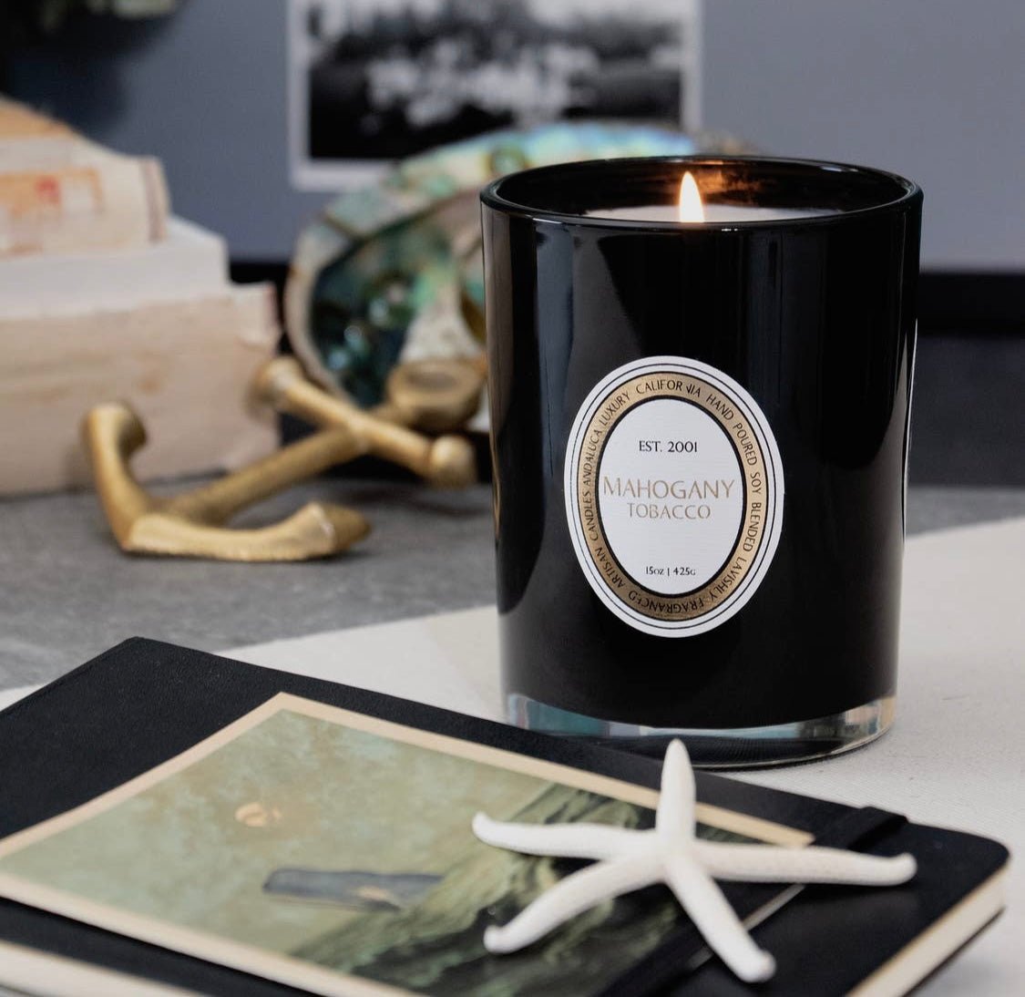 Mahogany Tobacco Black Glass Candle