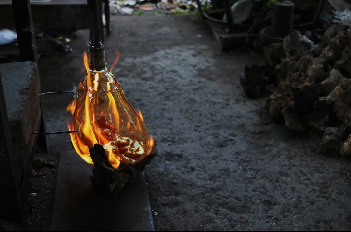 Molten Glass & Wood Sculpture - Wide Mouth 8 Inches