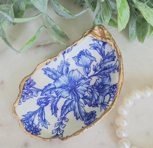 Oyster Shell Trinket Ring Dish - Blue Toile