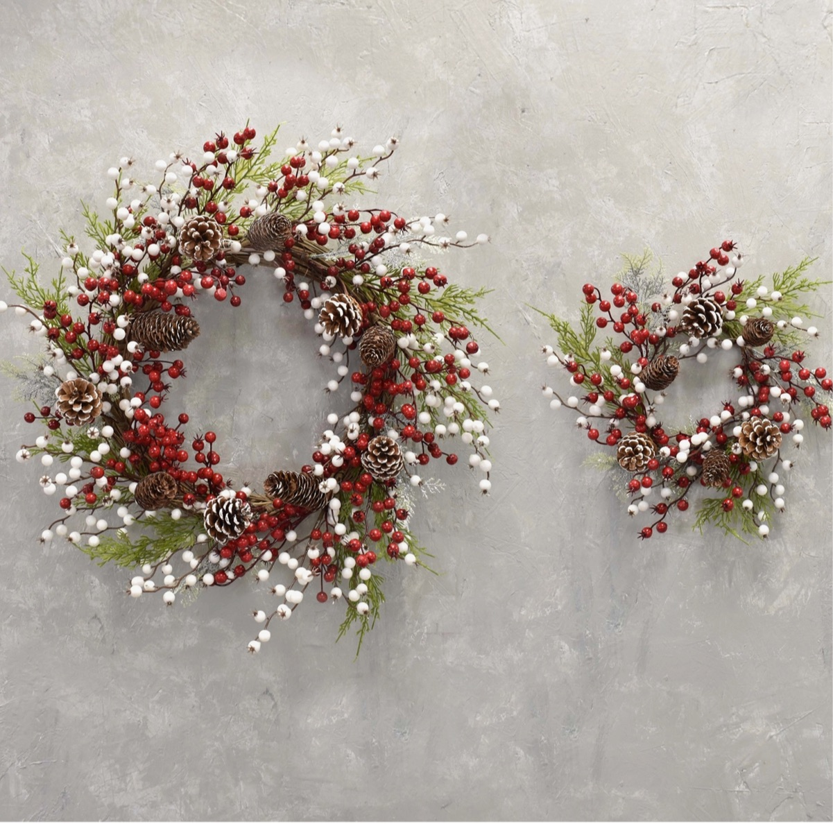 Snow Touched Cypress, Cedar, Pine Cone Wreath - Set of 2