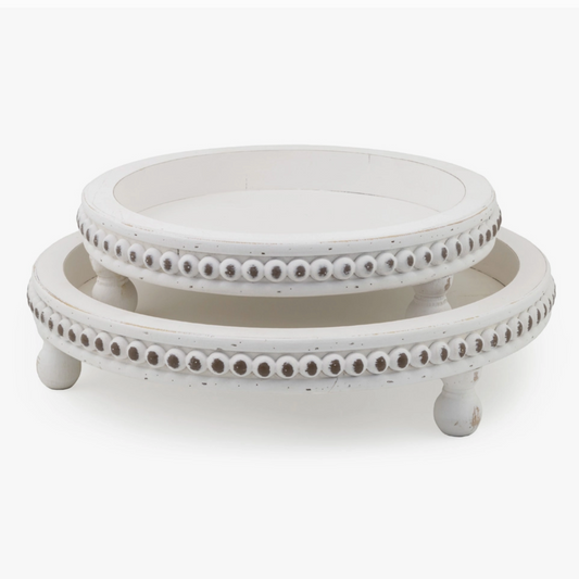 Round White Beaded Wood Trays - Set of 2