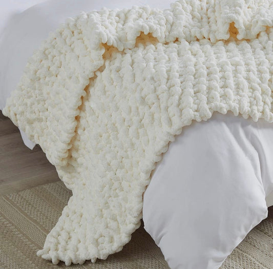 Handmade Chenille Chunky Knit Throw, Ivory